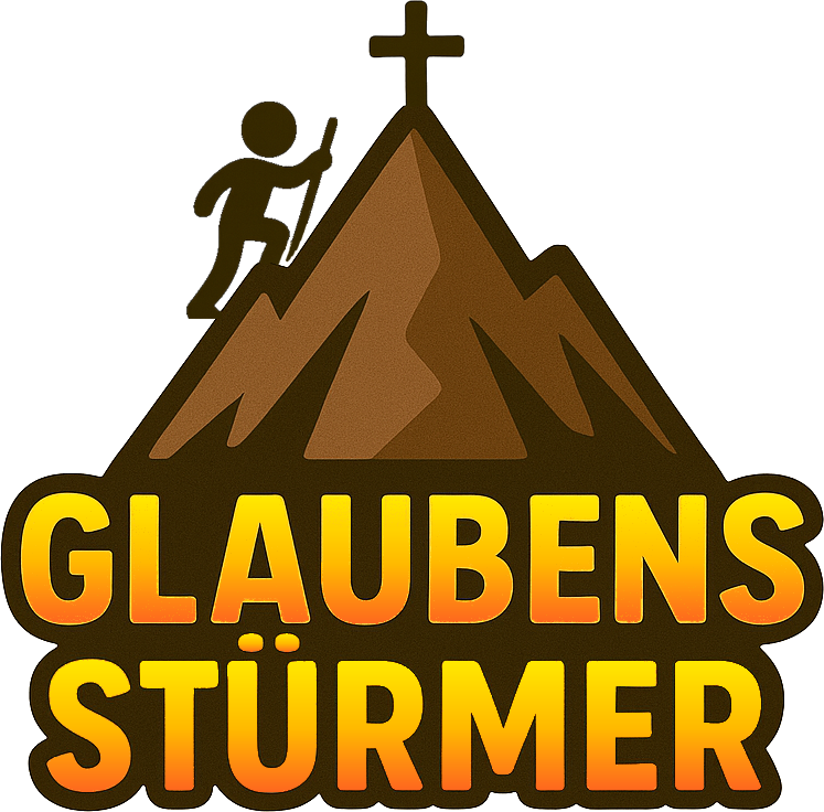 Logo der Glaubensstürmer: Kind erklimmt einen Berg mit Kreuz